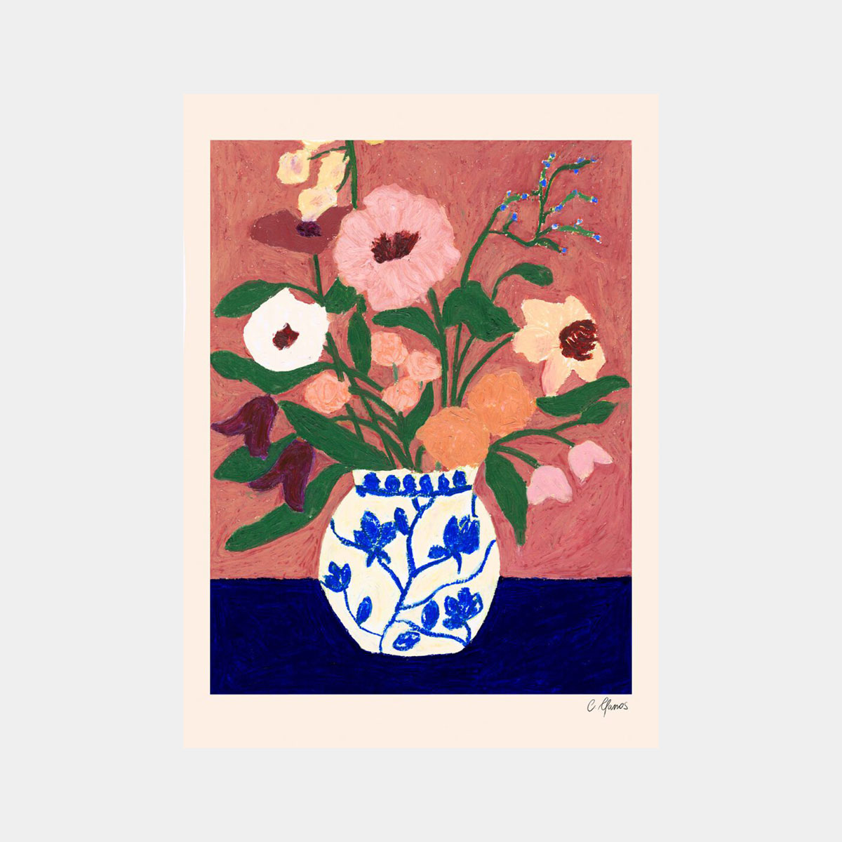 T.P.C - Carla Llanos, Flowers on Blue Table 50x70