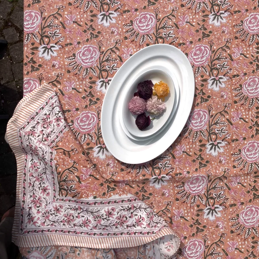 a HILL - Tablecloth Block Print, Apricot Rose 145x220 cm