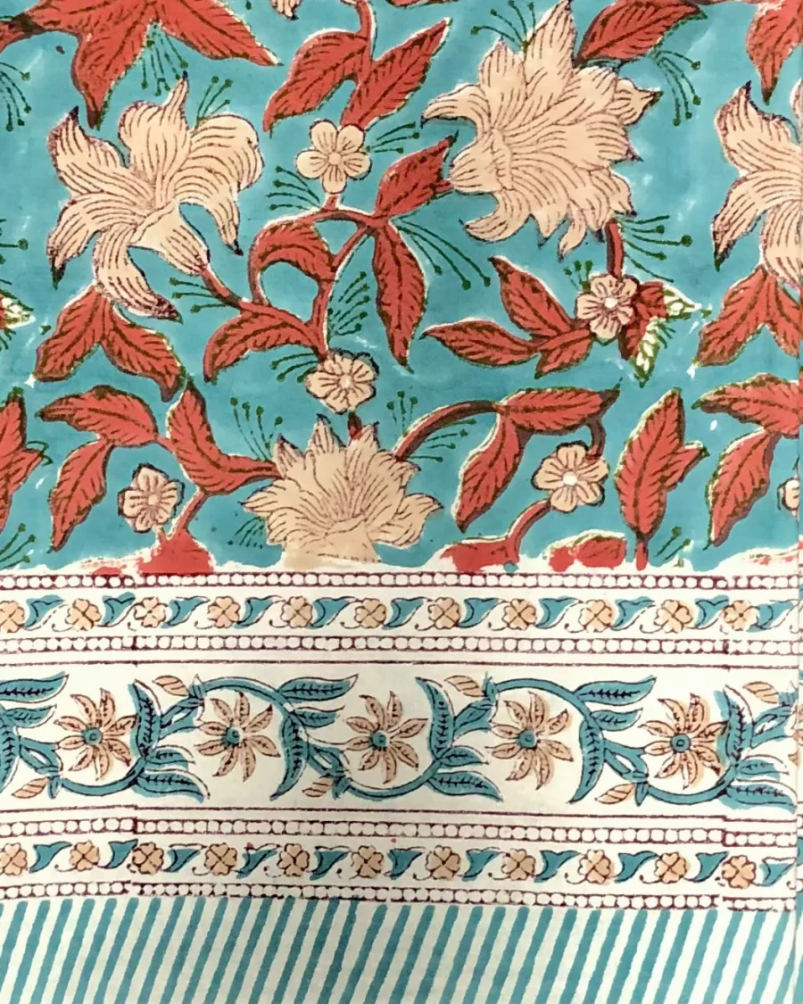 a HILL - Tablecloth Block Print, Lily Turquoise & Red 145x220 cm
