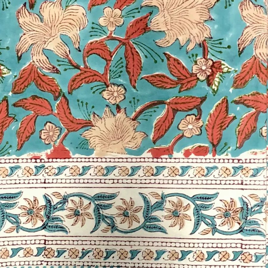 a HILL - Tablecloth Block Print, Lily Turquoise & Red 145x220 cm