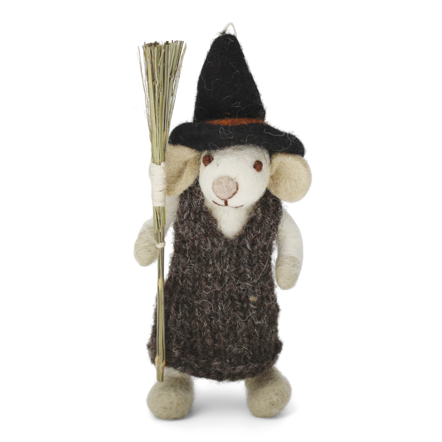 Gry & Sit - Small White Girly Mouse Broom and Brown Dress