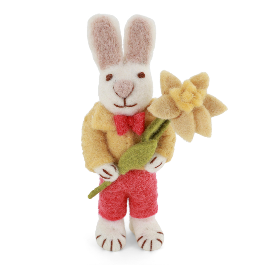 Gry & Sif - Small White Boy Bunny with Yellow Jacket & Daffodil