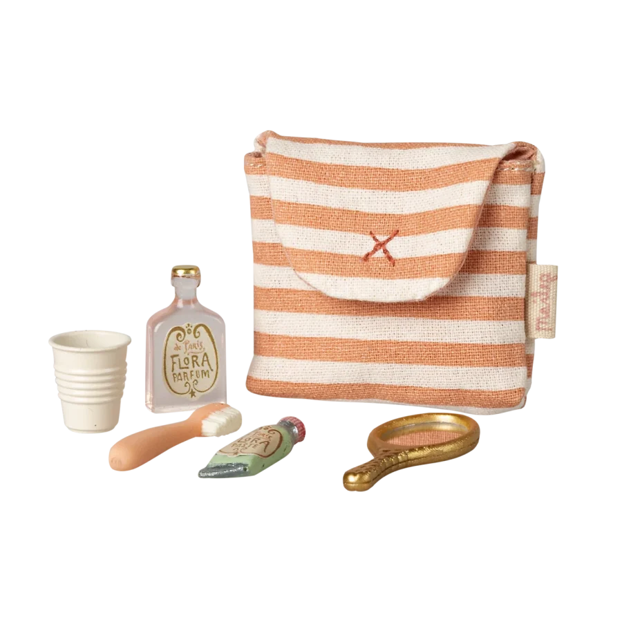 Maileg - Toothbrush set in bag Mouse Coral stripe