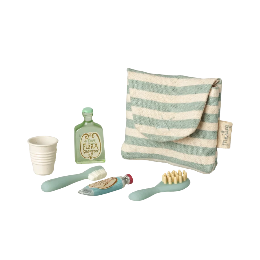 Maileg - Toothbrush set in bag Mouse Blue stripe