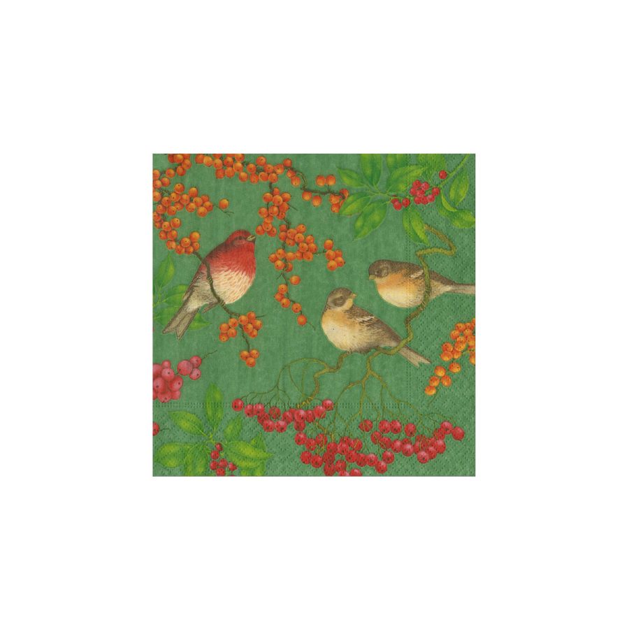 Caspari - Birds And Berries Green, 25 x 25 cm