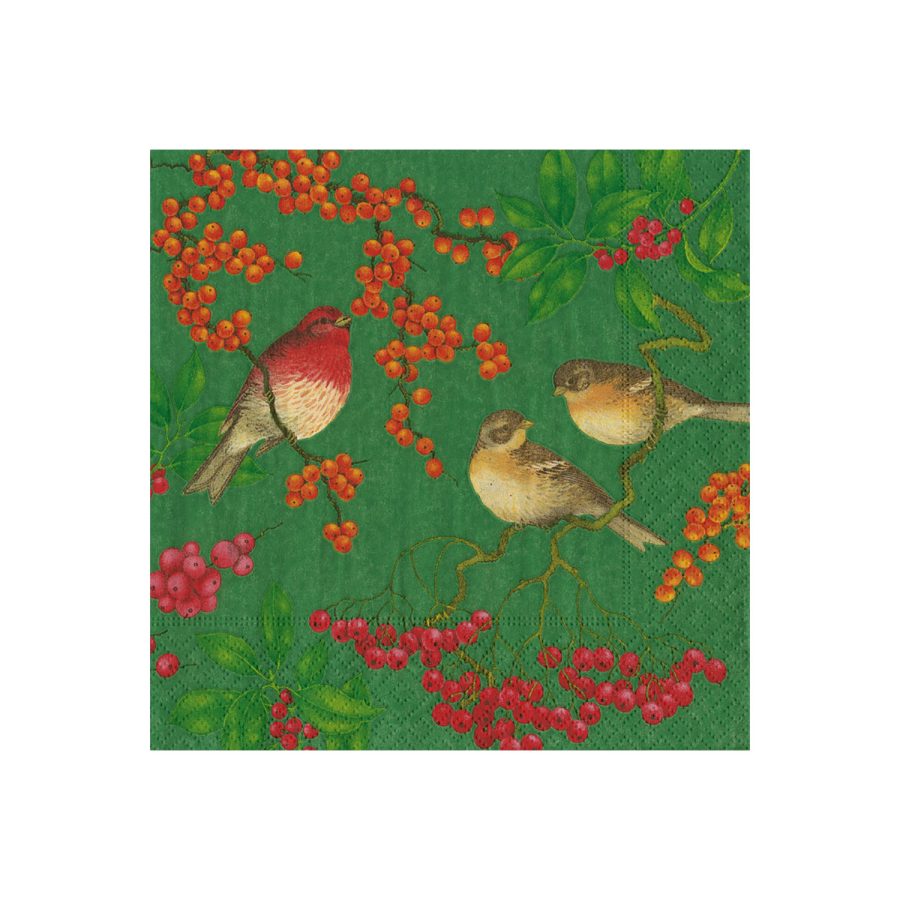 Caspari - Birds And Berries Green, 33 x 33 cm