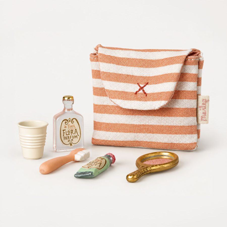 Maileg - Toothbrush set in bag Mouse Coral stripe