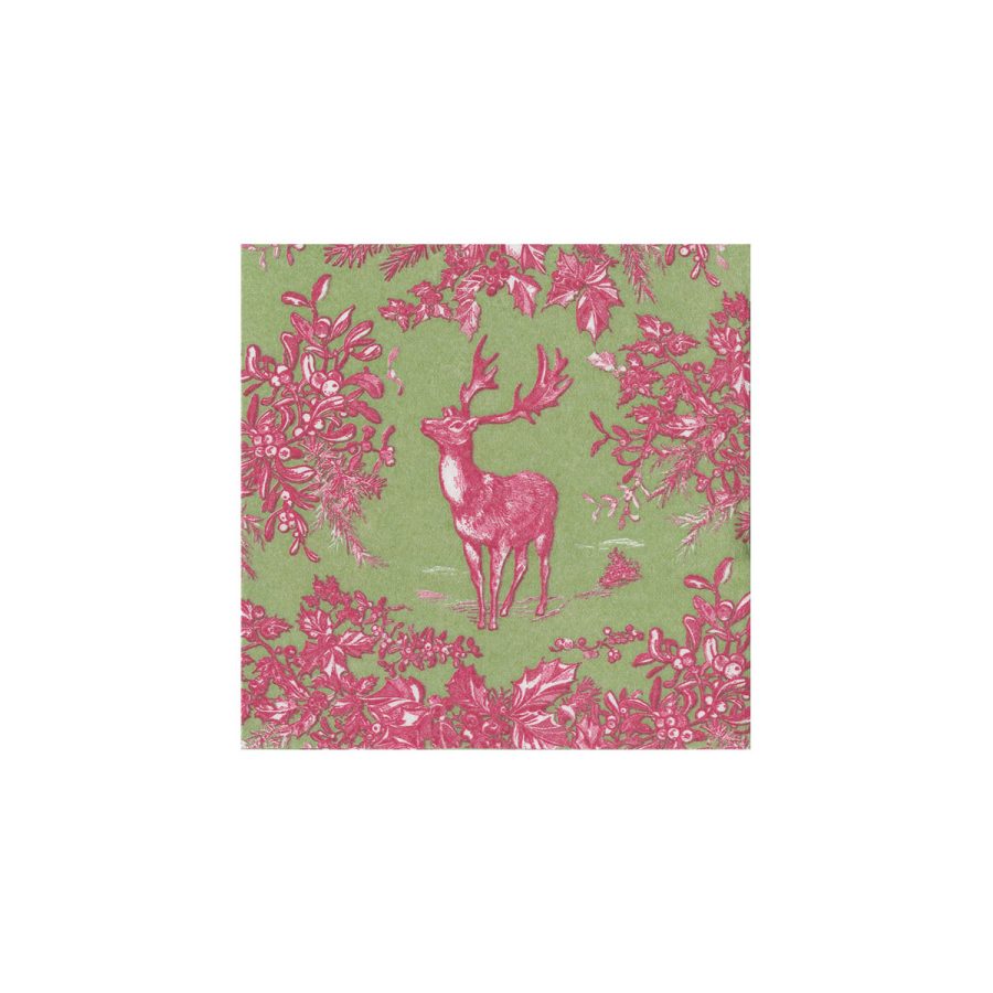 Caspari - Stag Toile Raspberry/Sage Airlaid, 25 x 25 cm